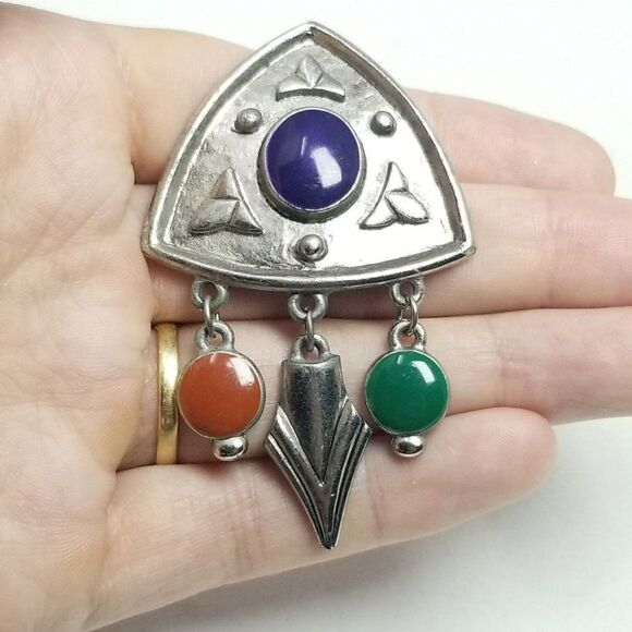 Vintage Unique Design Silver Tone Brooch with Enamel Charms, Retro 70s 80s Style - Picture 1 of 5